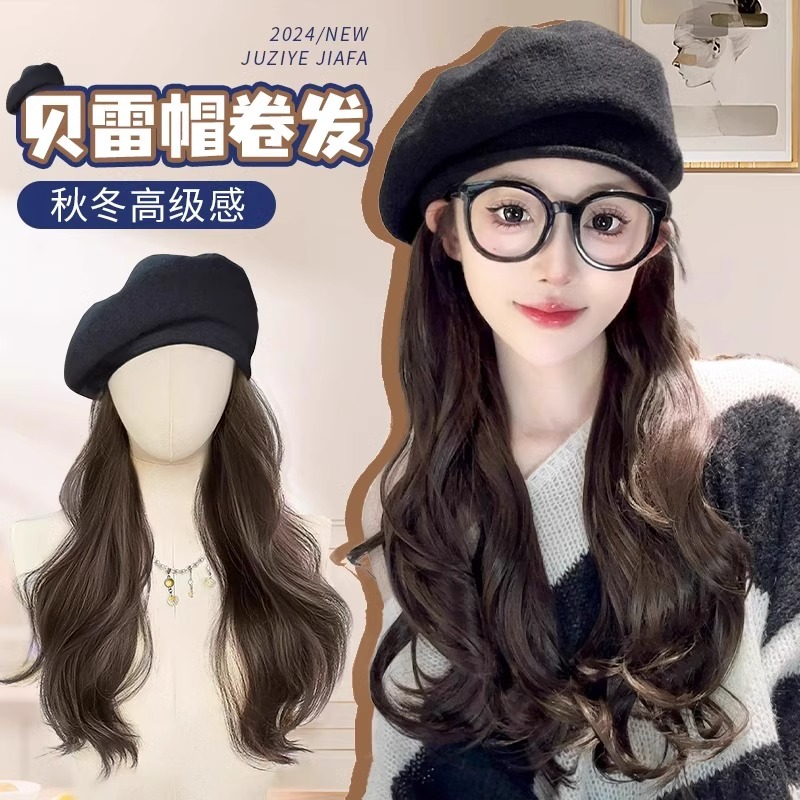 假发帽子一体贝雷帽秋冬