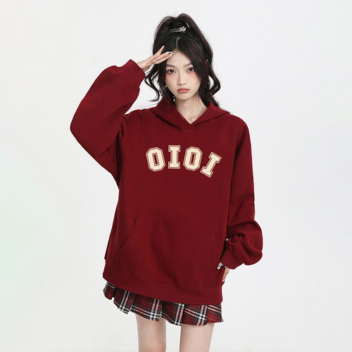 oioi正品 韩国潮牌蛇年百搭情侣宽松男女生加绒红色连帽卫衣外套