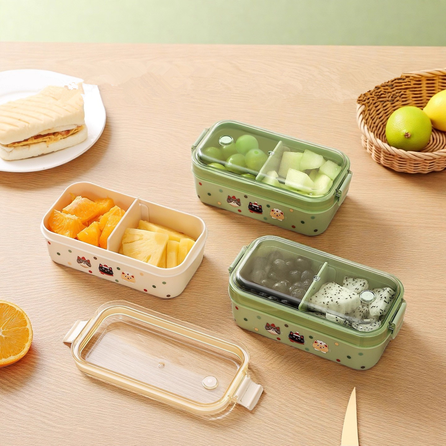 两格保鲜盒学生儿童便携水果盒便当盒气孔微波冷冻密封分格干果盒