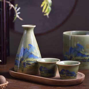 陶瓷千里江山青绿温酒器分酒器酒壶酒杯酒具礼盒礼品套装高档轻奢
