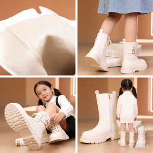 公主风女童皮鞋白色系带厚底马丁靴四季通用皮革拼接短靴