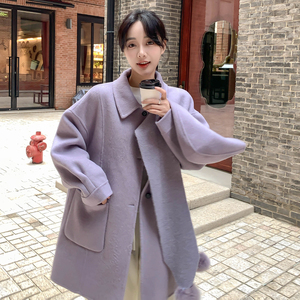 紫色针织围巾连帽双面呢羊毛大衣女秋冬2025新款时髦流行爆款外套图片