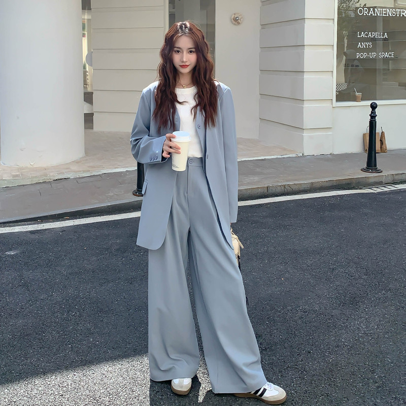 蓝色设计感爆火气质西装套装女秋季2025年新款高腰阔腿长裤两件套图片