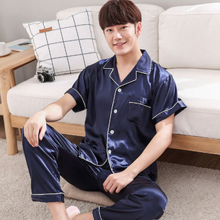 夏季韩版情侣男士睡衣夏天短袖丝绸套装冰丝男生大码家居服