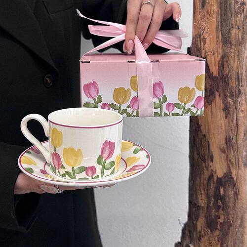 粉色郁金香陶瓷咖啡杯 杯碟伴手礼套装韩式高颜值下午茶马克杯