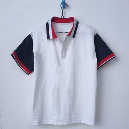 白色校服短袖拼藏蓝袖子领子撞色中小学生男女通用班服T恤POLO衫
