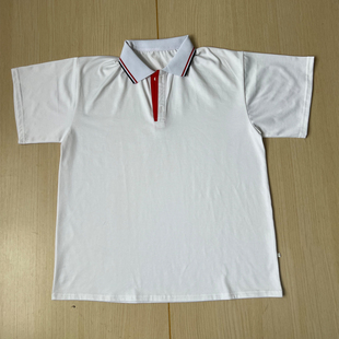 白色校服短袖白领藏蓝大红条领口大红色拼白色男女班服T恤POLO杉