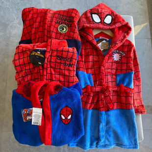 外贸单秋冬装男童珊瑚绒红色儿童柔软造型保暖睡衣家居服睡袍浴袍