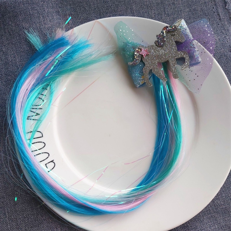 新款儿童女童蓝色独角兽亮丝假发发圈女孩发饰节日礼物头饰发夹