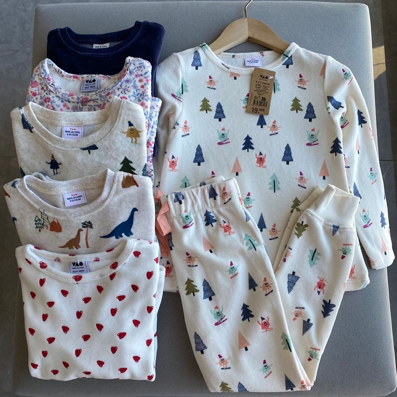 外贸单法单秋冬装男童女童小中大童天鹅绒家居服睡衣长袖长裤套装