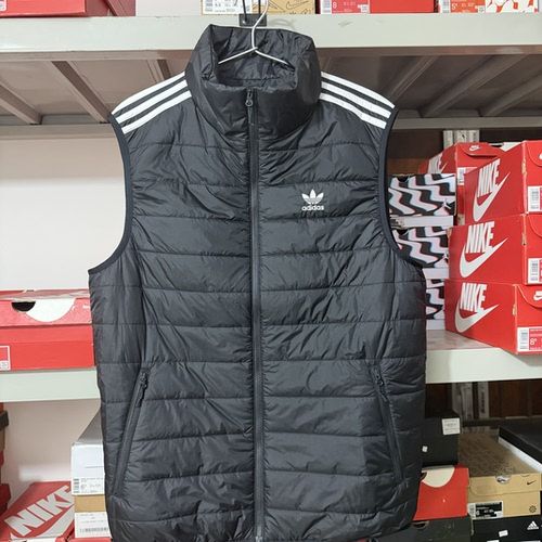 正品阿迪达斯 男士三叶草条纹印花logo拉链立领棉马甲背心HL9217