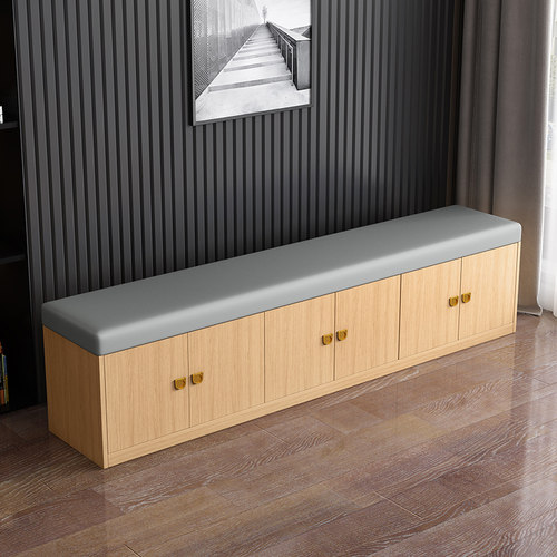 门口一体书柜加带门可收纳换鞋软包沙发凳子长条鞋柜实木皮凳坐椅