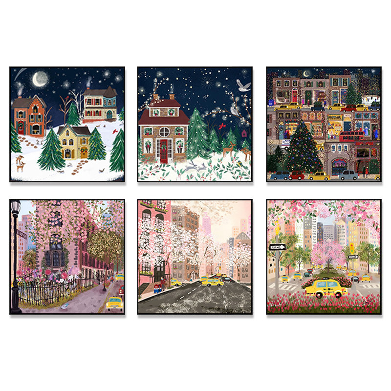 美国JoyLaforme插画作品浪漫樱花街景圣诞节装饰画油画布画芯贴画