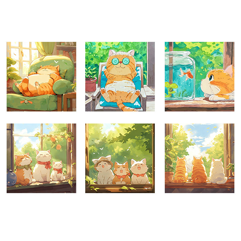 夏日清新宫崎骏风格慵懒治愈猫咪装饰画心油画布自粘画儿童房贴画