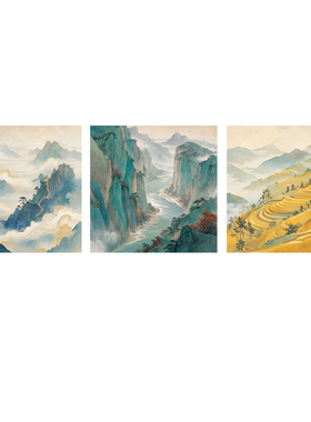 新中式方版山水挂画云海峡谷江南梯田茶室客厅国风风景装饰画画芯