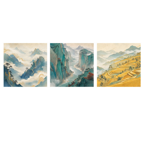 新中式方版山水挂画云海峡谷江南梯田茶室客厅国风风景装饰画画芯