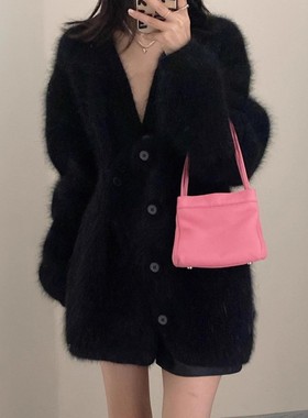 赵露思许妍同款宽松慵懒水貂绒黑色中长款开衫毛衣软糯马海毛外套