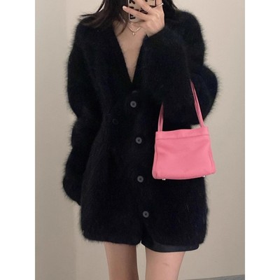 赵露思许妍同款宽松慵懒水貂绒黑色中长款开衫毛衣软糯马海毛外套