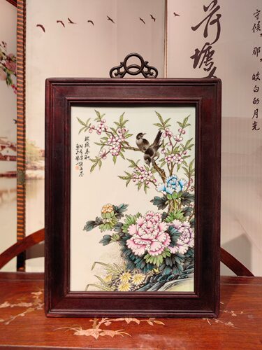 刘雨岑作品红木镶瓷板画粉彩花鸟枝头高和挂屏景德镇纯手绘陶瓷画