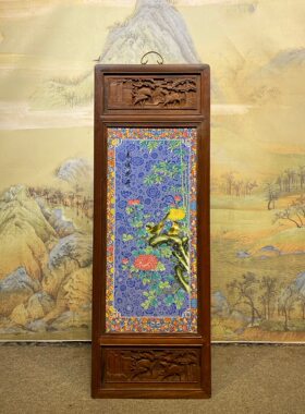 景德镇精品红木镶瓷板画粉彩花鸟春暖花开挂屏中堂书房陶瓷画