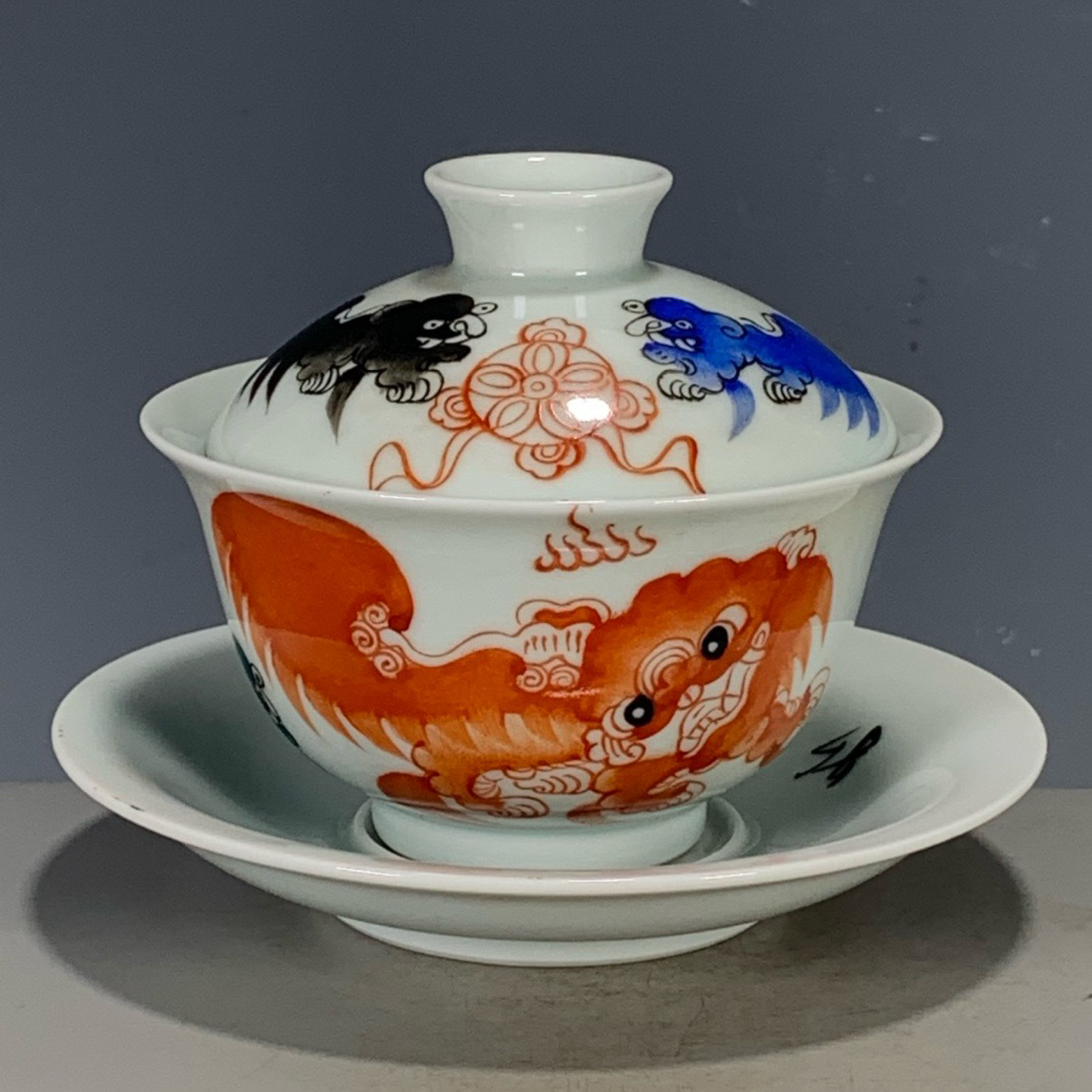 瓷器手绘老物件用品矾红五彩太师少保狮子三才盖碗茶具