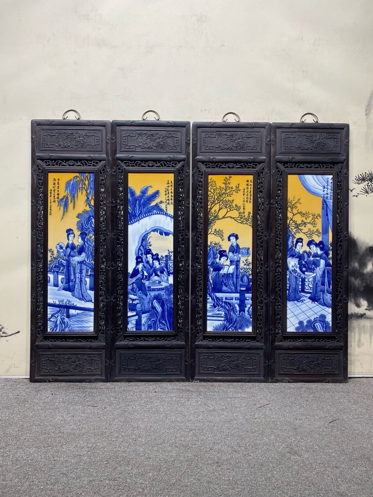 王步作品精品红木镶瓷板画青花釉里红仕女图四条挂屏手绘人物瓷画