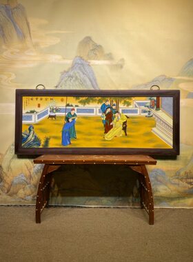 百分百纯手绘郎世宁作品红木镶瓷板画黄底粉彩人物故事图中堂挂屏