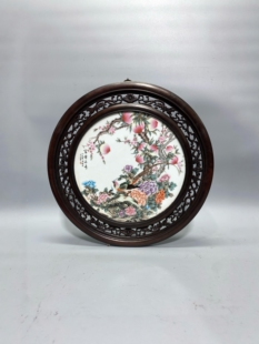 刘雨岑作品鸡翅木镶瓷板画粉彩花鸟富贵长寿挂屏景德镇陶瓷装饰画
