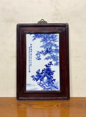 王步作品红木镶瓷板画青花花鸟挂屏景德镇名家纯手绘陶瓷装饰画