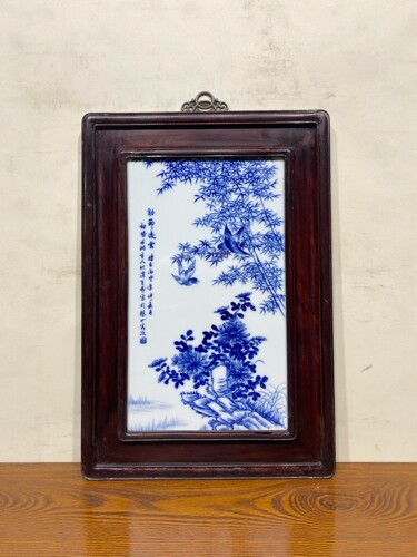 王步作品红木镶瓷板画青花花鸟挂屏景德镇名家纯手绘陶瓷装饰画