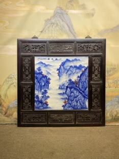 王步作品红木透雕镶青花手绘一帆风顺四方挂屏名家纯手绘中堂画