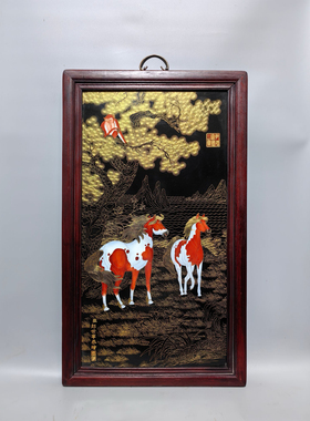 郎世宁作品红木镶瓷板画掐丝马上封侯挂屏马到成功手绘陶瓷装饰画
