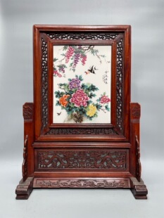 刘雨笒作品红木镶瓷板画粉彩花鸟紫气东来桌面屏风摆台手绘陶瓷画