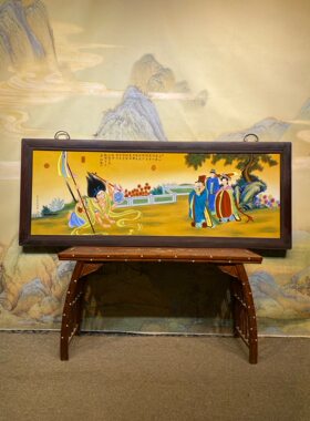 百分百纯手绘郎世宁作品红木镶瓷板画黄底粉彩人物故事图中堂挂屏