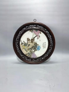 刘雨岑作品鸡翅木镶瓷板画粉彩花鸟紫气东来挂屏手绘陶瓷装饰画