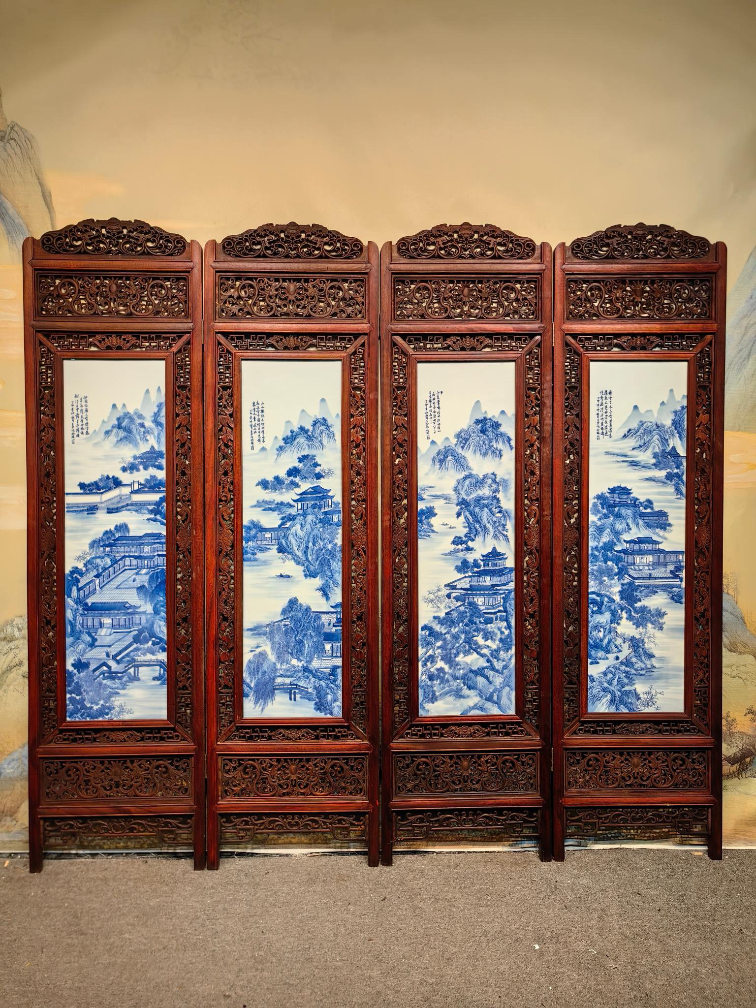 王步作品红木镶瓷板画青花山水楼台亭阁四折落地屏风陶瓷装饰画
