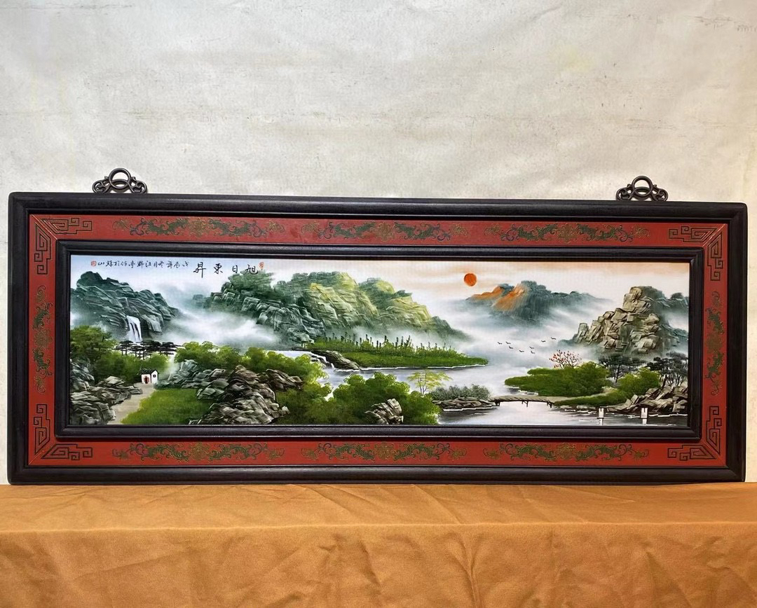 汪野亭作品红木彩绘镶瓷板画青花山水旭日东升挂屏国画装饰画