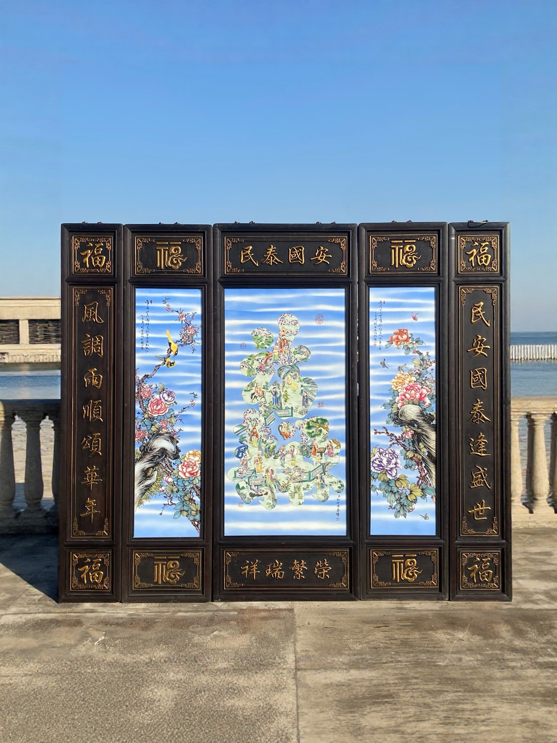郎世宁作品红木镶瓷板画粉彩花鸟福禄寿五件套中堂纯手绘挂屏瓷画