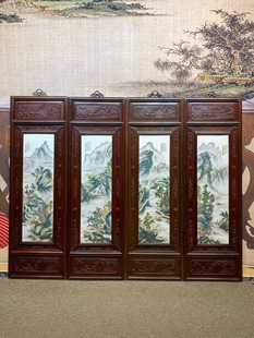 张志汤作品精品红木镶瓷板画粉彩山水四条挂屏名家纯手绘陶瓷画