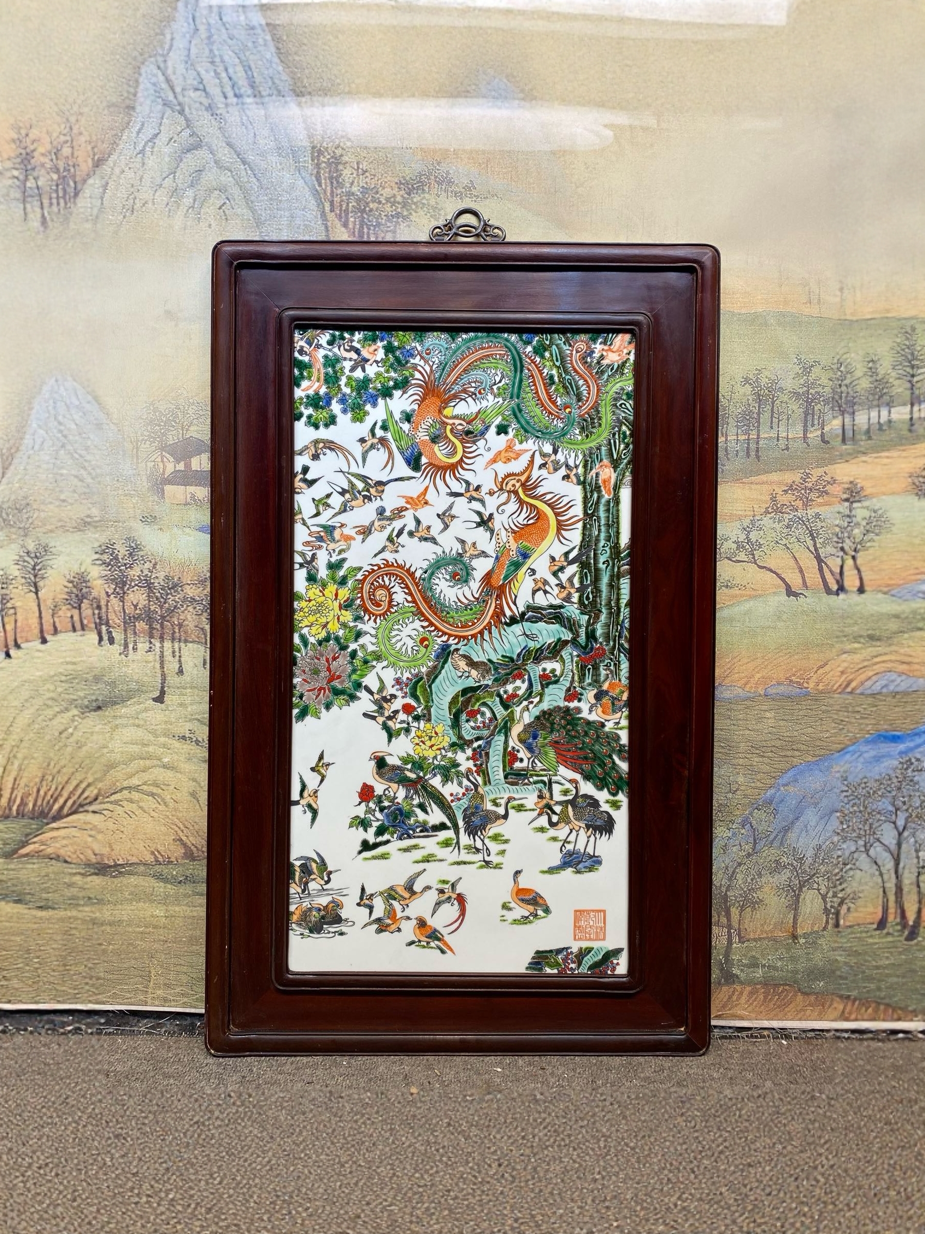 景德镇名家纯手绘精品非洲黄花梨镶瓷板画粉彩花鸟百鸟朝凤挂屏