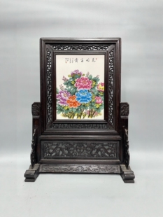 景德镇红木镶瓷板画粉彩花鸟花开富贵桌面屏风的名家手绘陶瓷画
