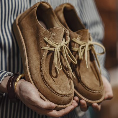 马登工装莫卡辛复古袋鼠鞋男2025日系方头厚底休闲鞋真皮反绒