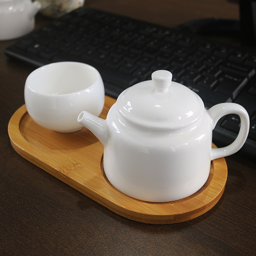办公室一人饮工位养生陶瓷小茶具纯白羊脂玉瓷一壶一杯一托盘