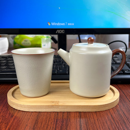 米黄汝窑一壶一杯一托盘办公室一人饮工位养生简约直口陶瓷小茶具