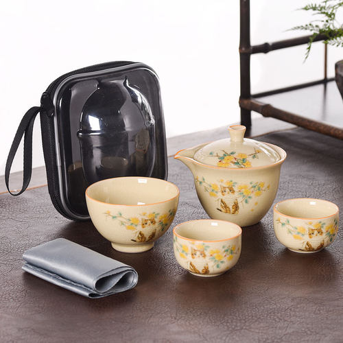 汝窑萌猫旅行茶具套装一壶二杯户外便携式快客杯陶瓷功夫茶具