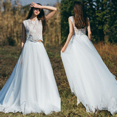 优罗莎原创实拍两件套刺绣蕾丝超仙新娘户外草坪婚纱森系旅拍轻纱