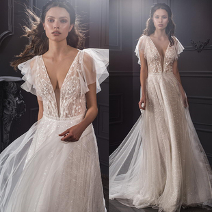 纱森系轻婚纱 V领显瘦欧美气质新娘出门纱户外草坪仪式 新款 荷叶袖