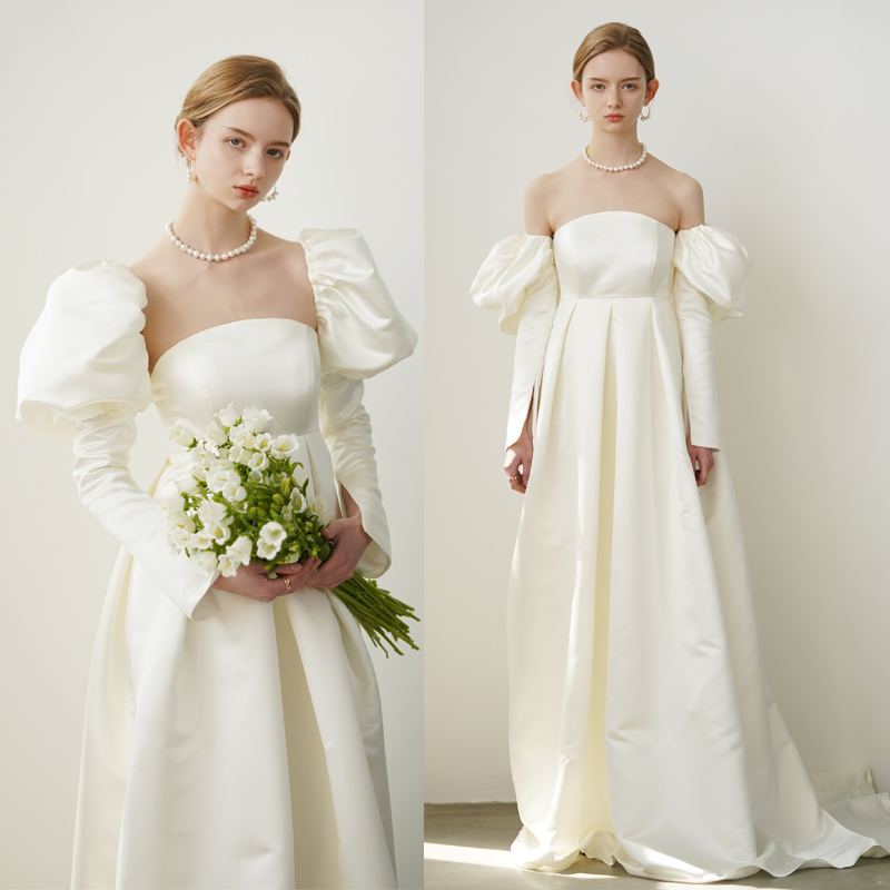 一字肩泡泡袖高腰复古高腰森系纱