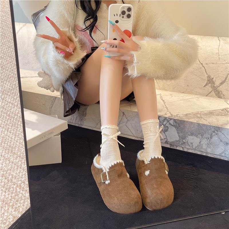 内增高勃肯鞋包头半拖鞋毛毛棉拖