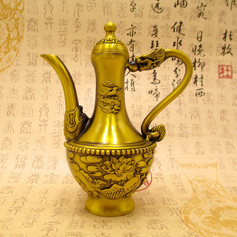 中式铜壶摆件茶台山水龙凤壶百福酒壶仿古茶壶手把件家用装饰礼品